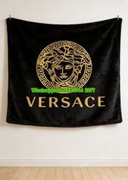 Versace Black Gold Medusa Greek Key Logo Printed Flannel Throw Blanket IMG_1267